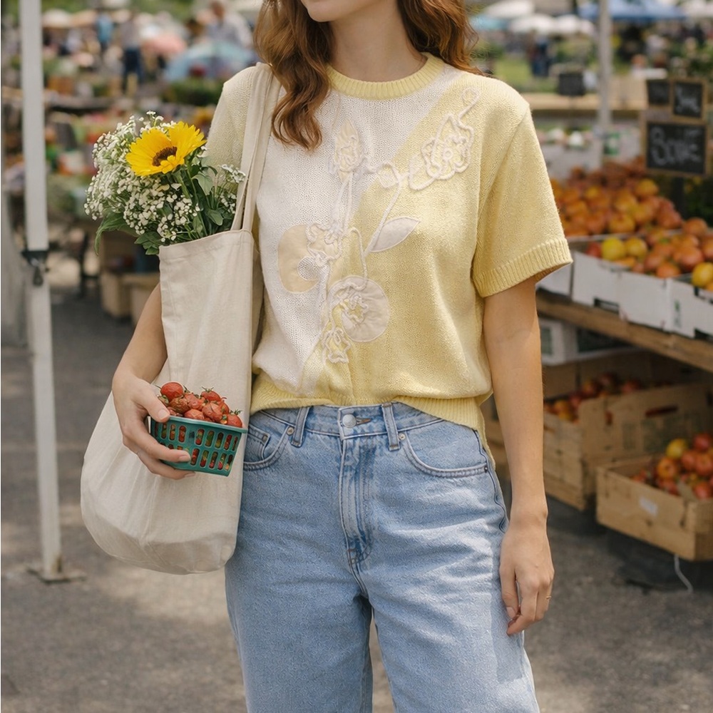 Vintage Savion Floral Appliqué Knit Sweater Top Yellow Cream USA Women’s Sz 6 - Picture 2 of 7